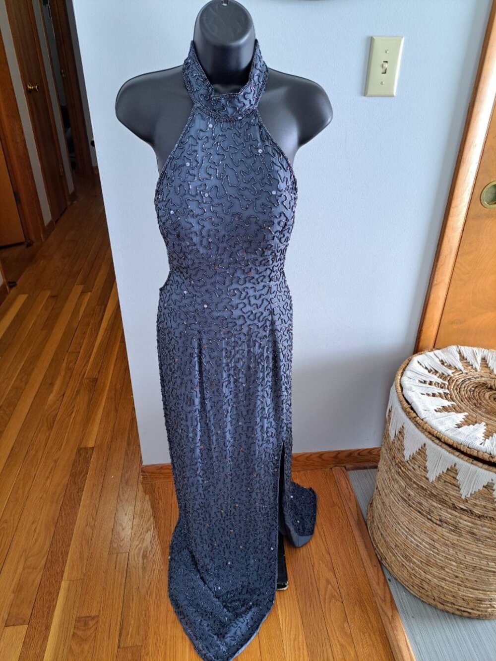Andretta Donnatello Beaded Halter Neck Maxi Gown Dress Open Back Slit L Formal - Picture 1 of 13